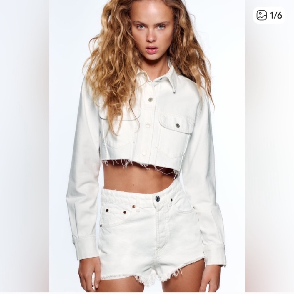Zara Off-White Distressed Denim Jacket and Shorts